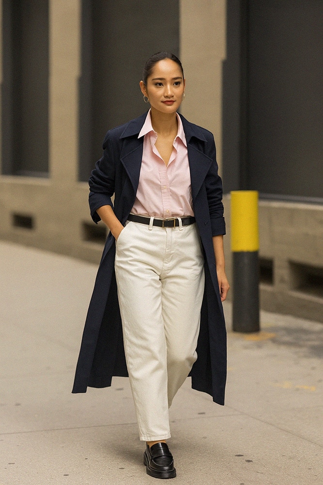 Chemise rose, pantalon blanc, trench bleu marine et mocassins noirs