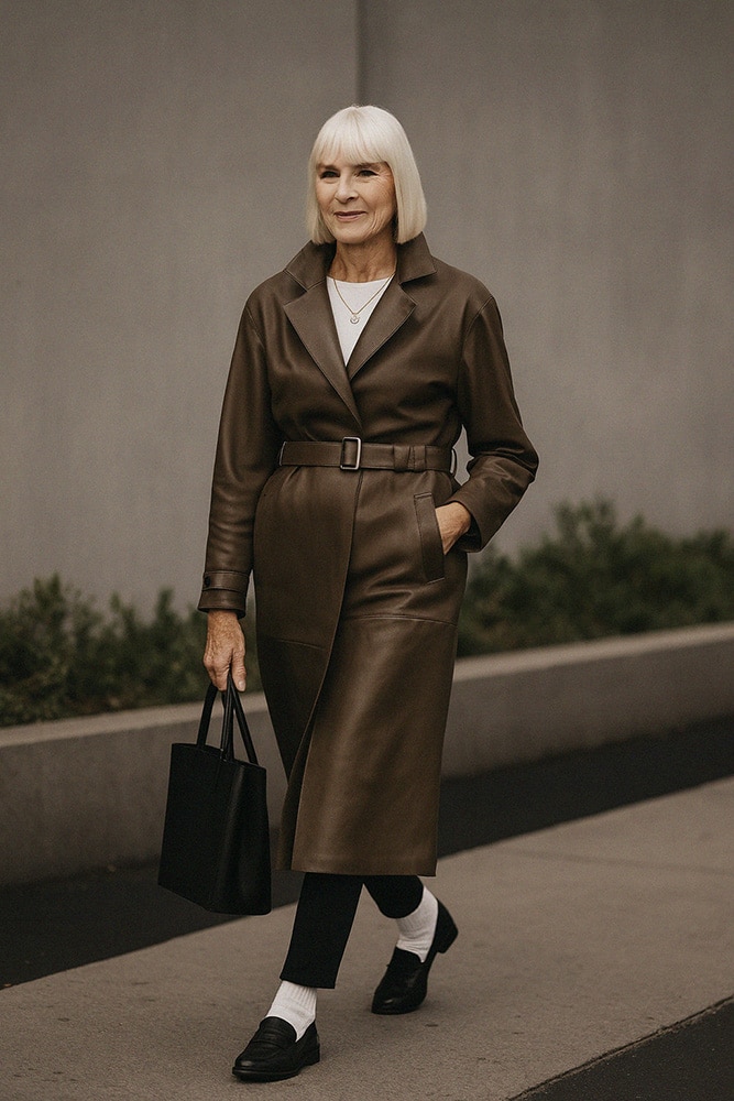 Trench cuir marron et mocassins noirs hivernaux.