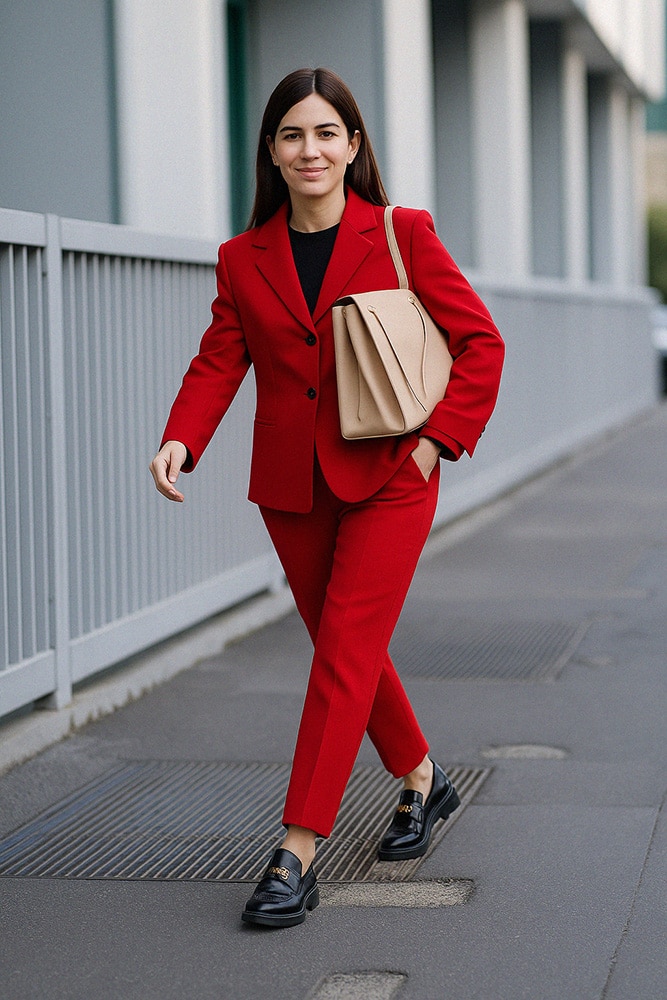 tailleur rouge et mocassins noirs affirmés.