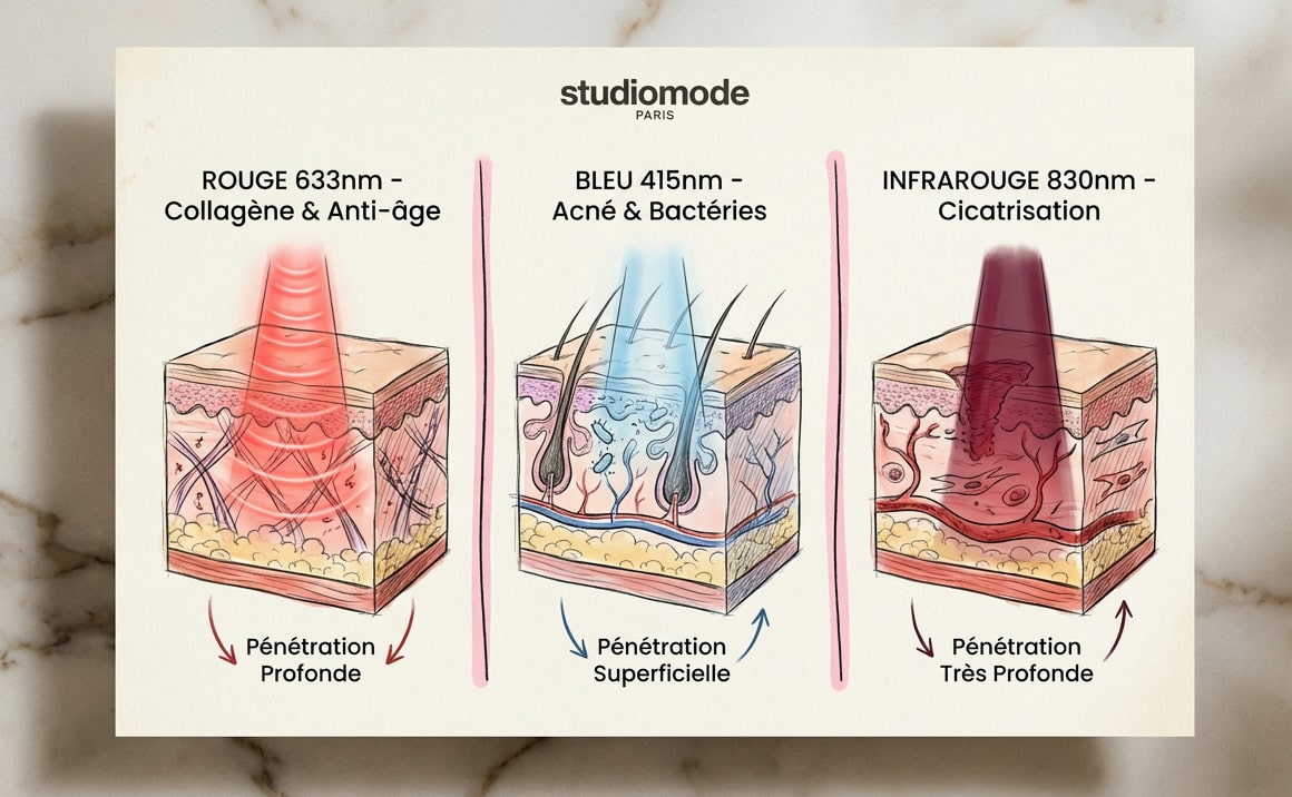 Les 3 couleurs Lumieres LED masque benefices
